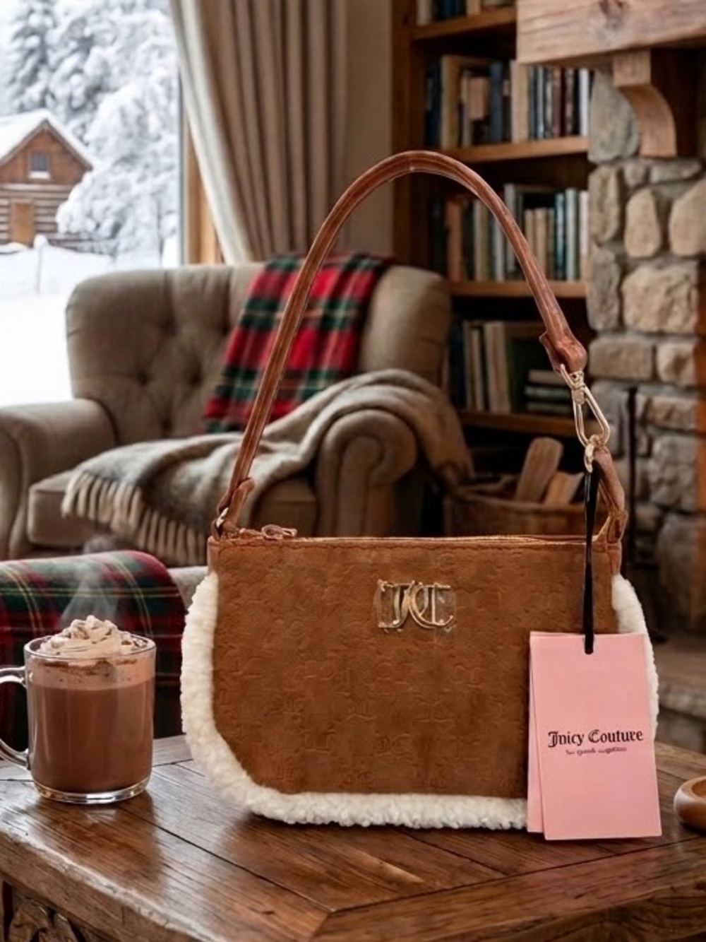 Juicy Couture Tan Shearling-Trim Shoulder Bag with Gold Logo NWT